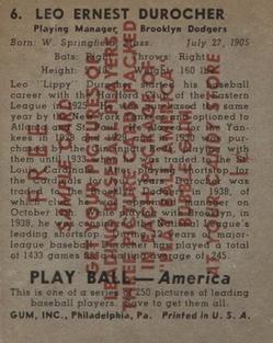 1939 Play Ball - Samples #6 Leo Durocher Back