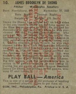 1939 Play Ball - Samples #10 Jimmie DeShong Back