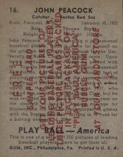 1939 Play Ball - Samples #16 John Peacock Back