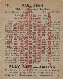 1939 Play Ball - Samples #19 Paul Dean Back