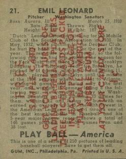 1939 Play Ball - Samples #21 Dutch Leonard Back