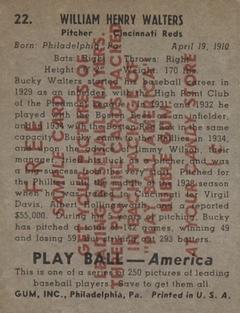 1939 Play Ball - Samples #22 Bucky Walters Back