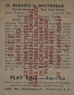 1939 Play Ball - Samples #23 Burgess Whitehead Back