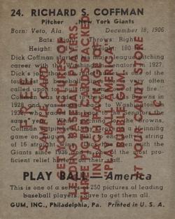 1939 Play Ball - Samples #24 Richard Coffman Back