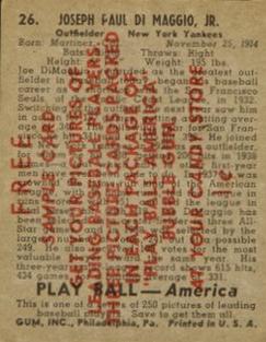 1939 Play Ball - Samples #26 Joe DiMaggio Back