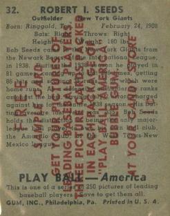 1939 Play Ball - Samples #32 Bob Seeds Back