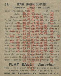 1939 Play Ball - Samples #34 Frank Demaree Back