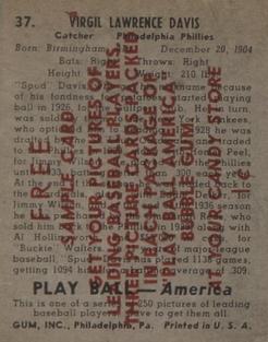 1939 Play Ball - Samples #37 Spud Davis Back