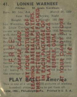 1939 Play Ball - Samples #41 Lon Warneke Back
