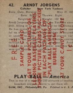 1939 Play Ball - Samples #42 Art Jorgens Back