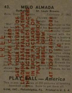 1939 Play Ball - Samples #43 Mel Almada Back