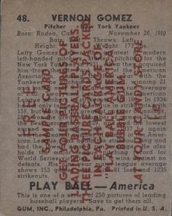 1939 Play Ball - Samples #48 Vernon Gomez Back