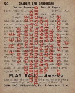 1939 Play Ball - Samples #50 Charlie Gehringer Back