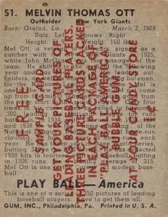 1939 Play Ball - Samples #51 Mel Ott Back
