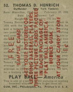 1939 Play Ball - Samples #52 Tommy Henrich Back