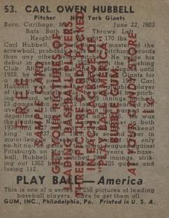 1939 Play Ball - Samples #53 Carl Hubbell Back