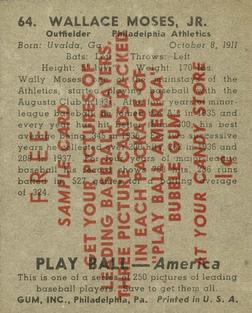1939 Play Ball - Samples #64 Wally Moses Back