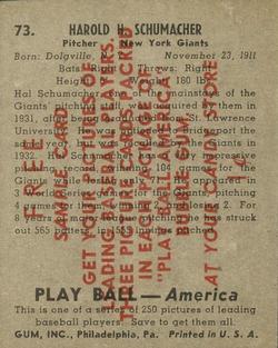 1939 Play Ball - Samples #73 Hal Schumacher Back