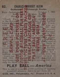 1939 Play Ball - Samples #82 Chuck Klein Back