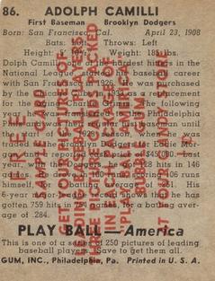 1939 Play Ball - Samples #86 Adolph Camilli Back