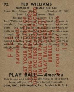 1939 Play Ball - Samples #92 Ted Williams Back