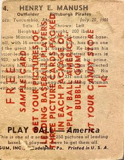 1939 Play Ball - Samples #94 Heinie Manush Back