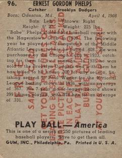1939 Play Ball - Samples #96 Babe Phelps Back