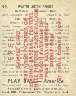 1939 Play Ball - Samples #99 Wally Berger Back