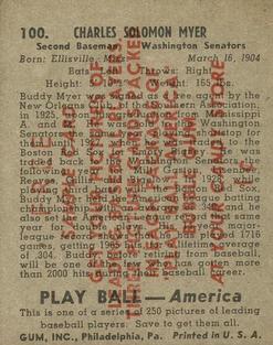 1939 Play Ball - Samples #100 Buddy Myer Back
