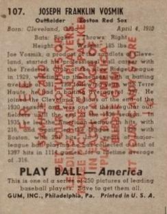 1939 Play Ball - Samples #107 Joe Vosmik Back