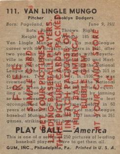 1939 Play Ball - Samples #111 Van Mungo Back