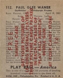 1939 Play Ball - Samples #112 Paul Waner Back
