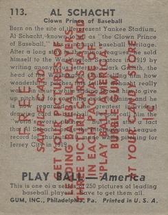 1939 Play Ball - Samples #113 Al Schacht Back