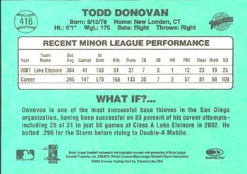 2002 Donruss The Rookies - 2002 Donruss Originals Update #416 Todd Donovan Back