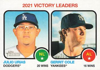 2022 Topps Heritage #65 2021 Victory Leaders (Julio Urias / Gerrit Cole) Front