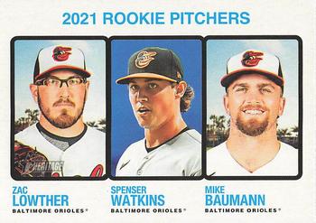 2022 Topps Heritage #72 2021 Rookie Pitchers (Zac Lowther / Spenser Watkins / Mike Baumann) Front