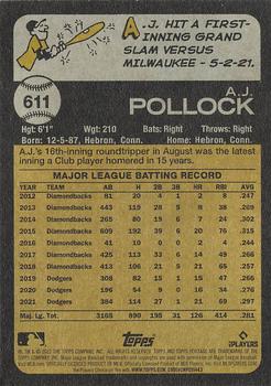 2022 Topps Heritage #611 A.J. Pollock Back