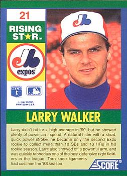 1991 Score 100 Rising Stars #21 Larry Walker Back