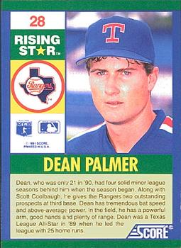 1991 Score 100 Rising Stars #28 Dean Palmer Back
