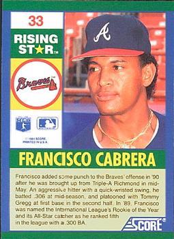1991 Score 100 Rising Stars #33 Francisco Cabrera Back