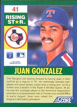 1991 Score 100 Rising Stars #41 Juan Gonzalez Back
