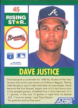 1991 Score 100 Rising Stars #45 Dave Justice Back