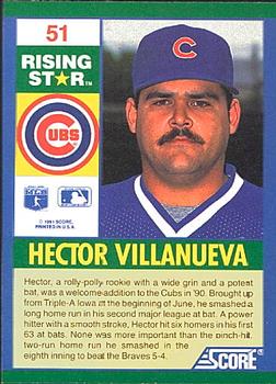1991 Score 100 Rising Stars #51 Hector Villanueva Back