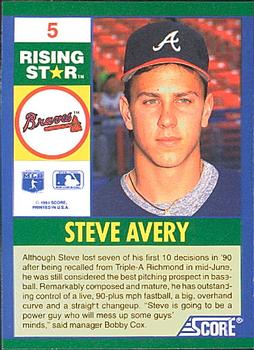 1991 Score 100 Rising Stars #5 Steve Avery Back