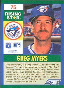 1991 Score 100 Rising Stars #75 Greg Myers Back