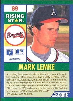 1991 Score 100 Rising Stars #89 Mark Lemke Back