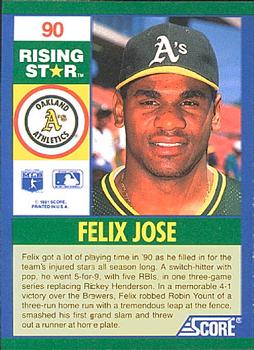 1991 Score 100 Rising Stars #90 Felix Jose Back