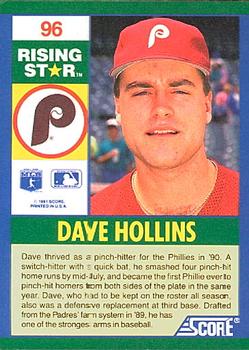 1991 Score 100 Rising Stars #96 Dave Hollins Back