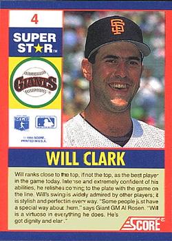 1991 Score 100 Superstars #4 Will Clark Back