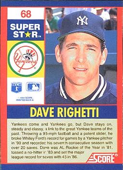 1991 Score 100 Superstars #68 Dave Righetti Back